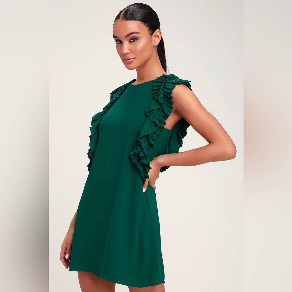 We Got The Pleat Dark Green Statement Sleeve Shift Dress